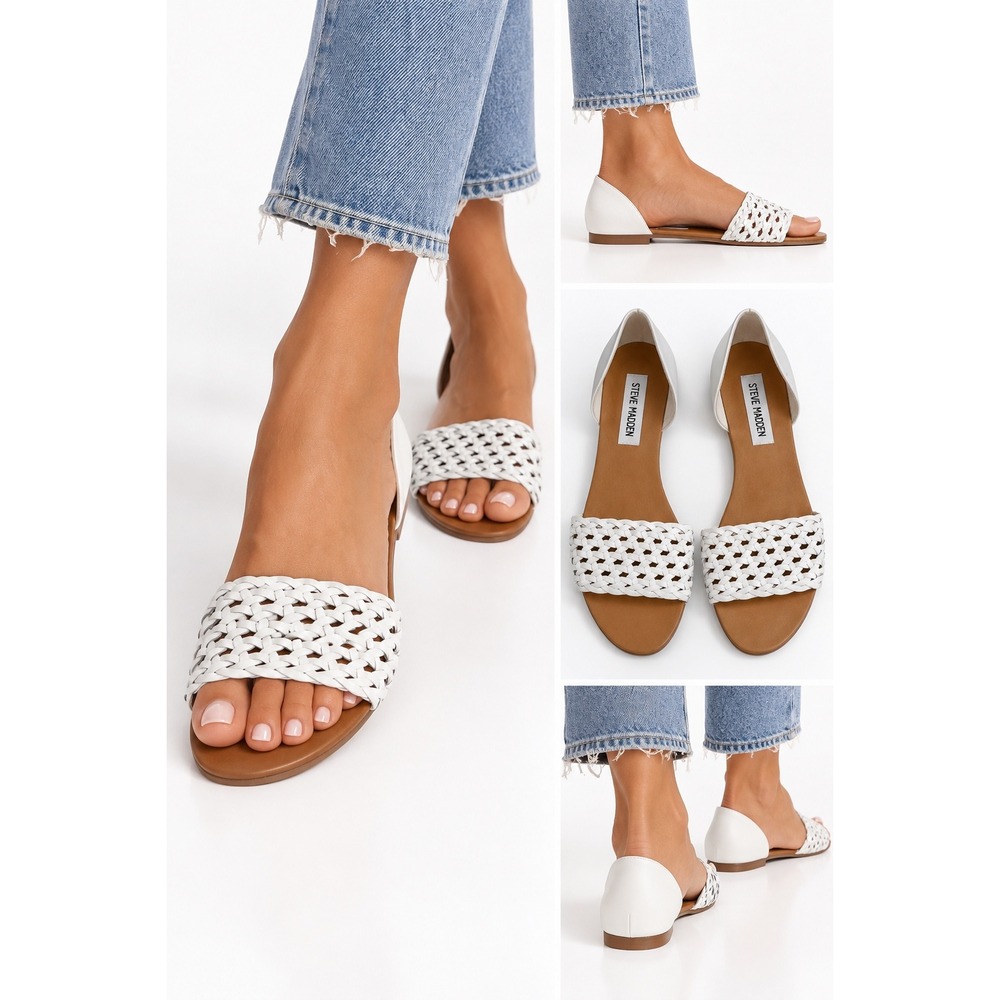 Steve Madden Tess Flat Sandals Woven D'Orsay White Size 8M Leather Upper